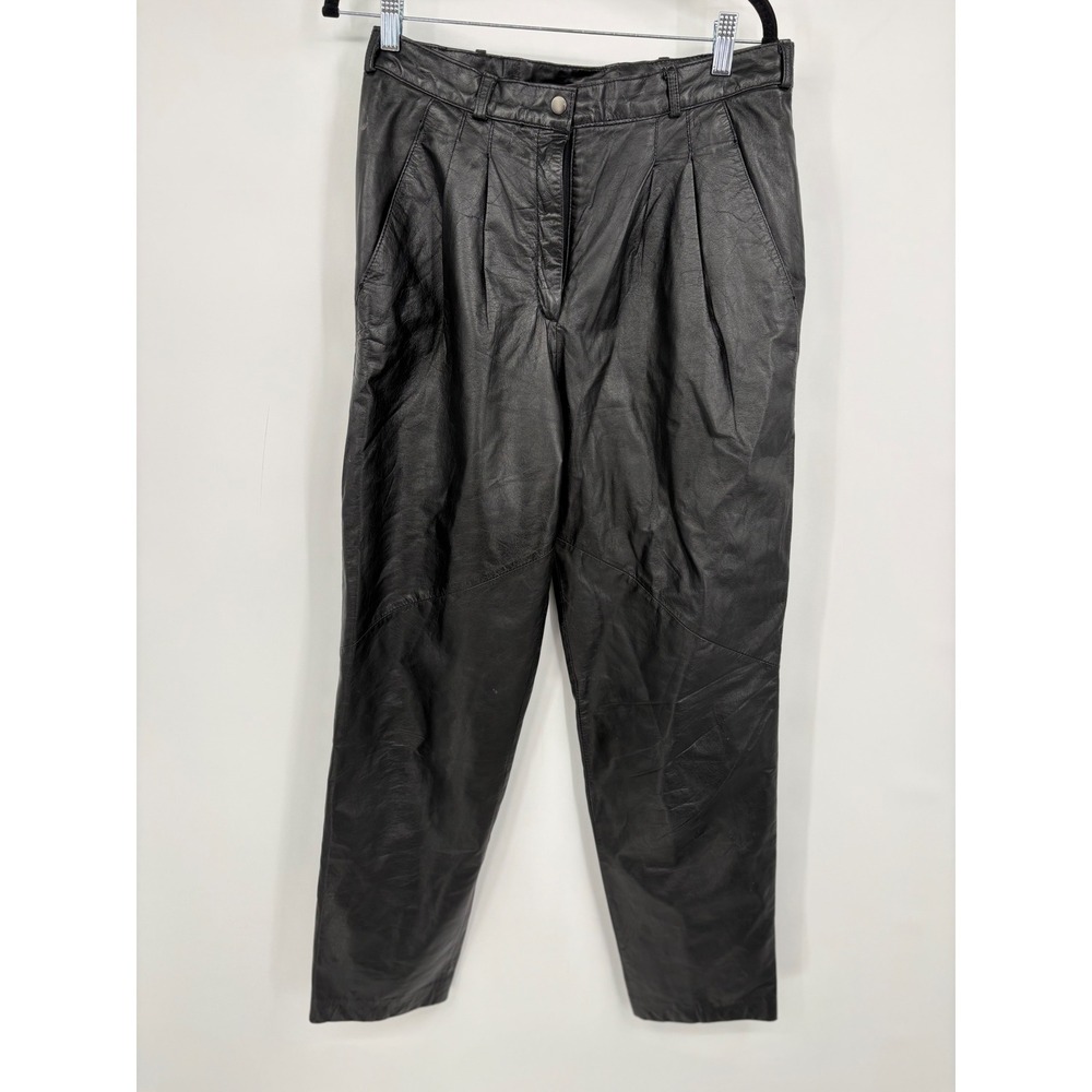 Byrnes & Baker Vintage Black Leather High Waisted Pleated Tapered Pants Size 12